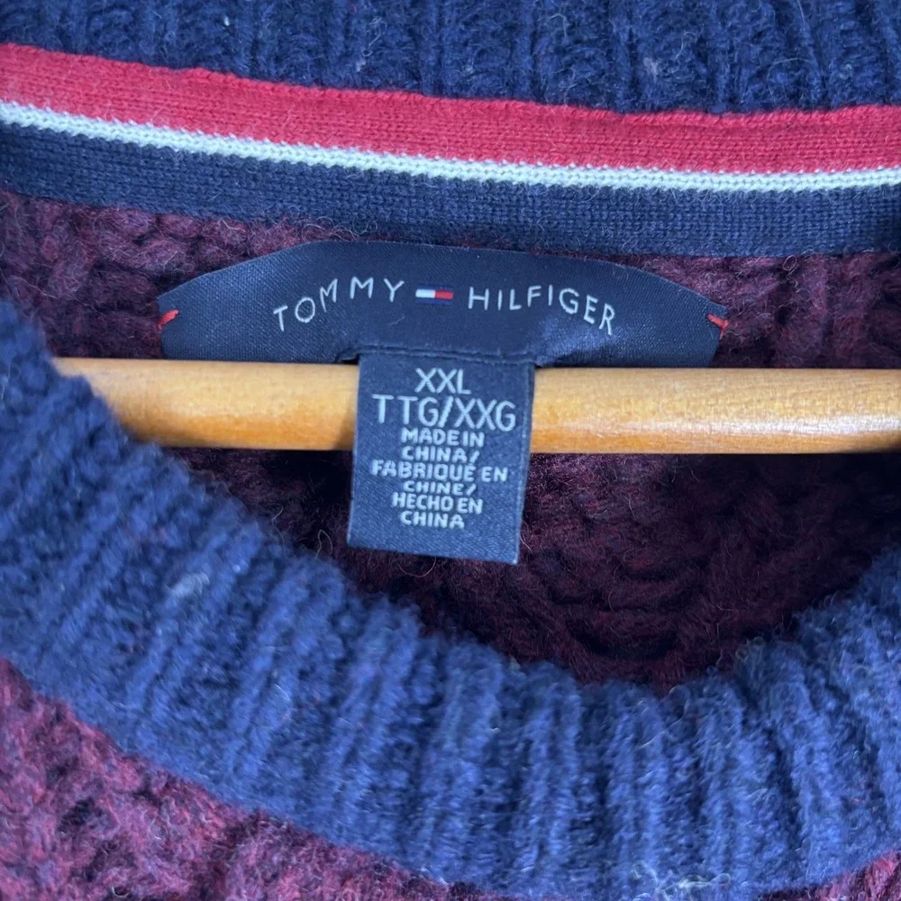 Tommy Hilfiger Sweater Mens XXL Silk Wool Burgundy Grey Striped Knit Elbow Patch